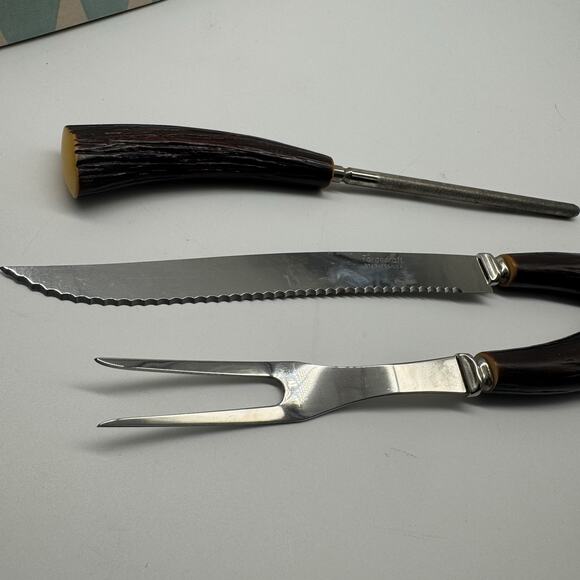 MCM Forgecraft USA Carving Set W/ Faux Stag Horn Handles Stainless Steel - Picture 6 of 7